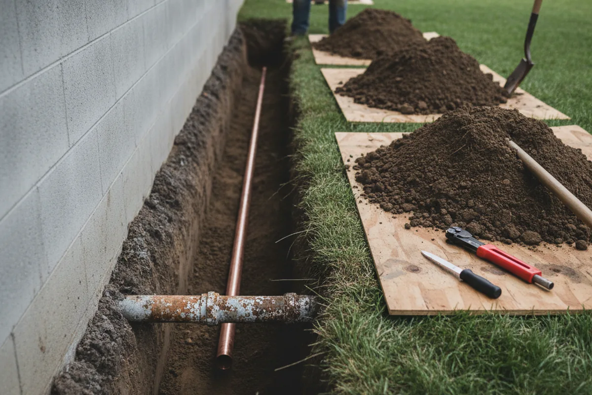 Excavated water line trench during Water Softener Installation in Beacon Falls